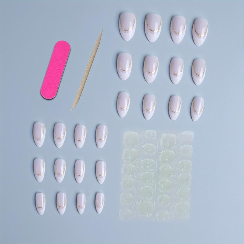 24pcs French Tip Press On Nails with Golden Line - Acrylic False Nails