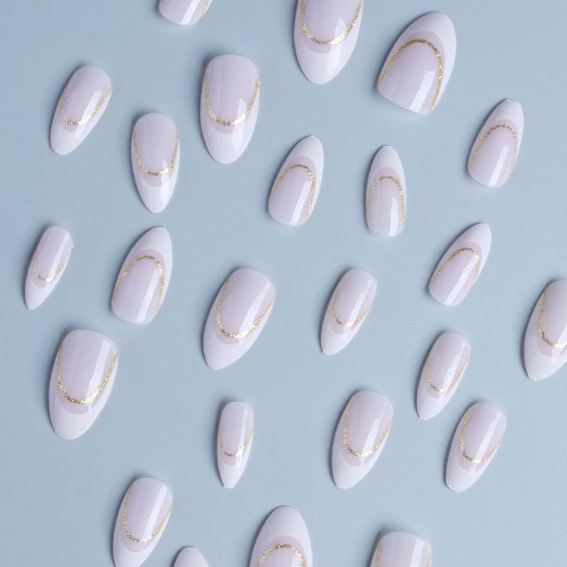 24pcs French Tip Press On Nails with Golden Line - Acrylic False Nails