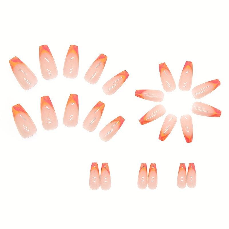 24 pcs French Medium Ballerina Nails with Orange Pink Stripes
