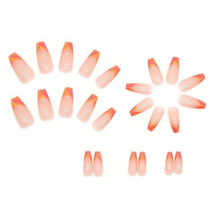 24 pcs French Medium Ballerina Nails with Orange Pink Stripes