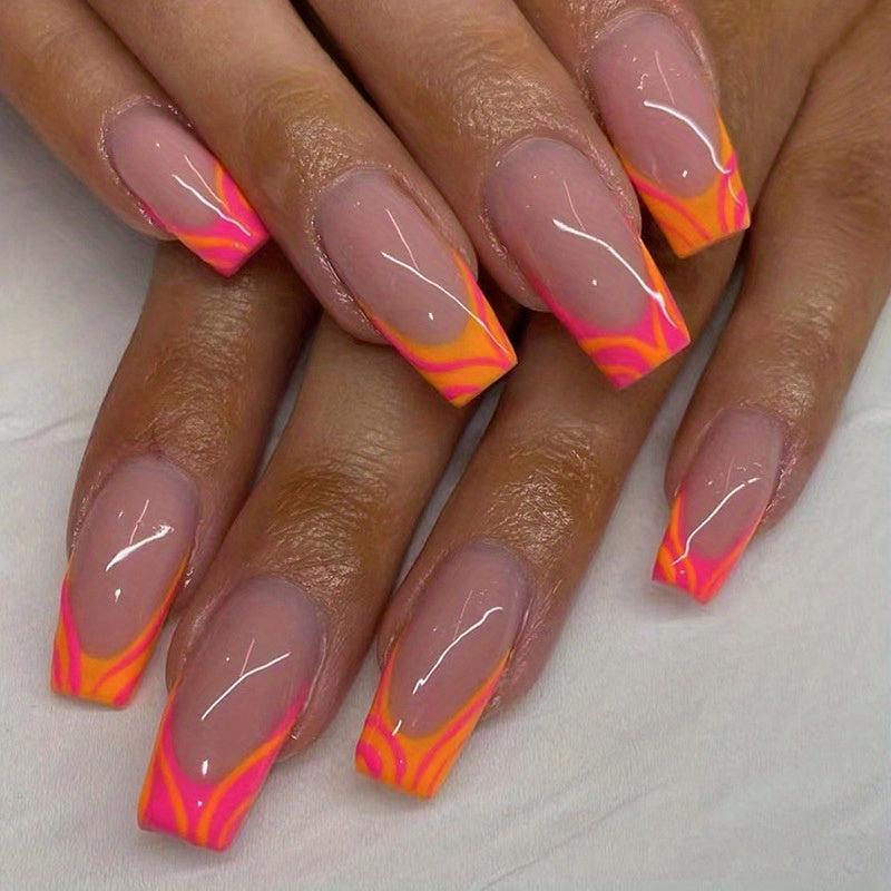 24 pcs French Medium Ballerina Nails with Orange Pink Stripes