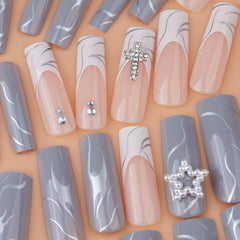 Grayish French Press Nails with Swirl Designs and Star Charms