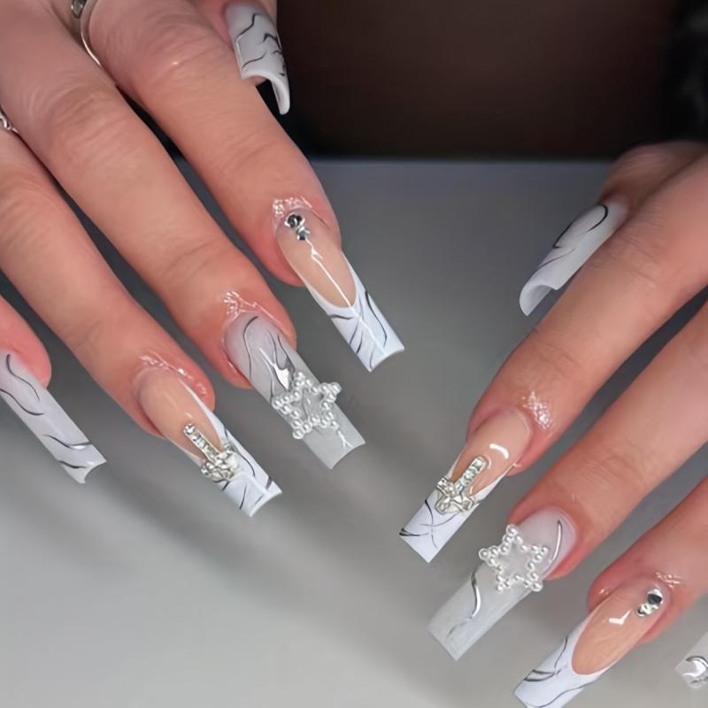 Grayish French Press Nails with Swirl Designs and Star Charms