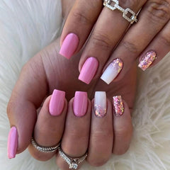 96pcs Sequin French Pink Press On Nails with Adhesive Tabs and Nail File