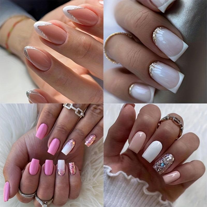 96pcs Sequin French Pink Press On Nails with Adhesive Tabs and Nail File