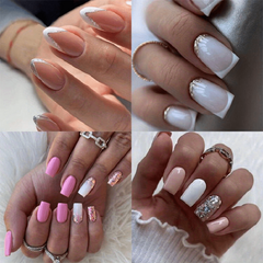 96pcs Sequin French Pink Press On Nails with Adhesive Tabs and Nail File