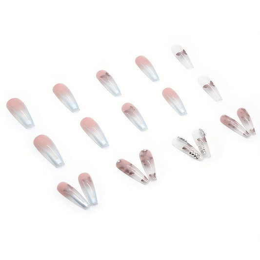 Gradient Coffin Press On Nails with Butterfly Rhinestones Glossy False Nails