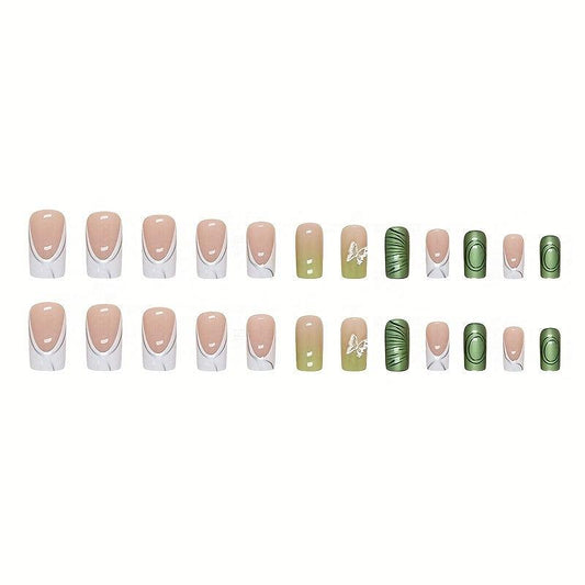 24pcs Butterfly Bubble Beads Press On Nails Medium Square False Nails Silver