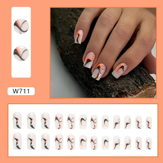Matte Swirl Press On Nails Set for Women & Girls - Orange Pattern