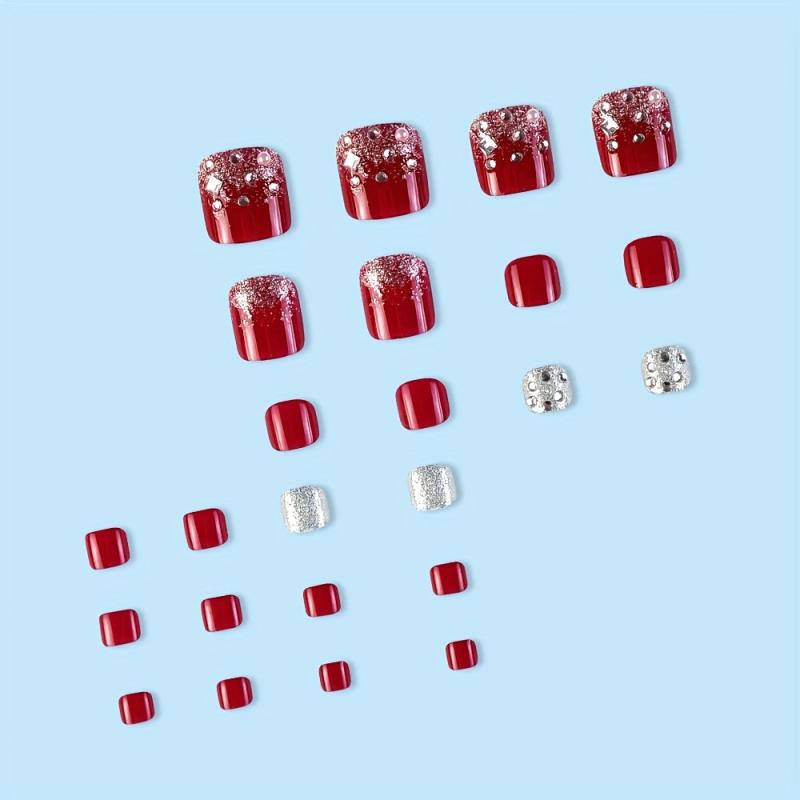 24 pcs Wine Red Square Press On Toenails with Rhinestones