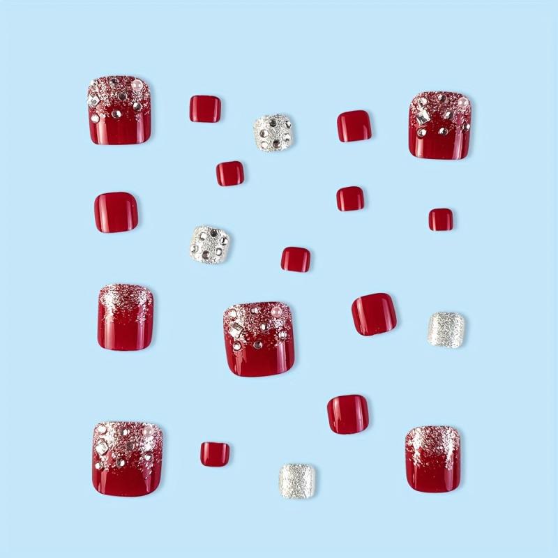 24 pcs Wine Red Square Press On Toenails with Rhinestones