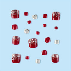 24 pcs Wine Red Square Press On Toenails with Rhinestones