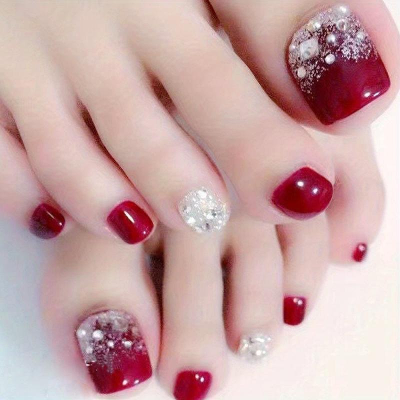24 pcs Wine Red Square Press On Toenails with Rhinestones