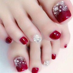 24 pcs Wine Red Square Press On Toenails with Rhinestones