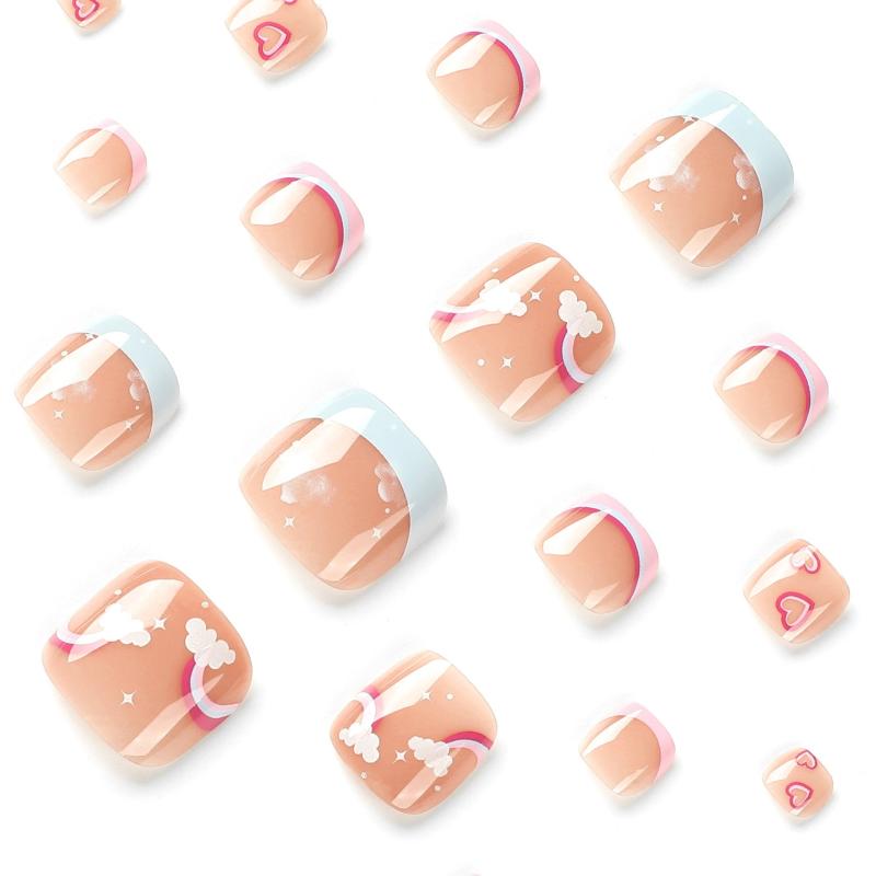 24pcs Pink French Tip Press On Toenails with Rainbow Heart Star Flower Designs