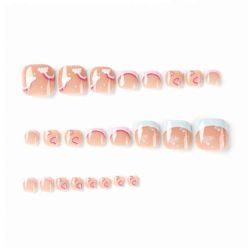 24pcs Pink French Tip Press On Toenails with Rainbow Heart Star Flower Designs