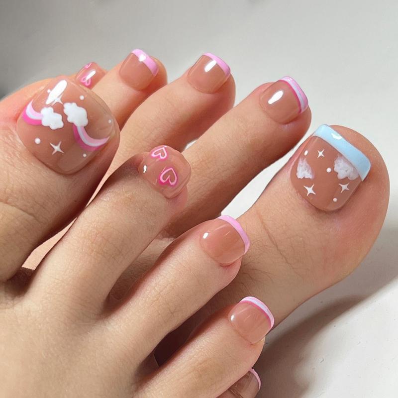 24pcs Pink French Tip Press On Toenails with Rainbow Heart Star Flower Designs