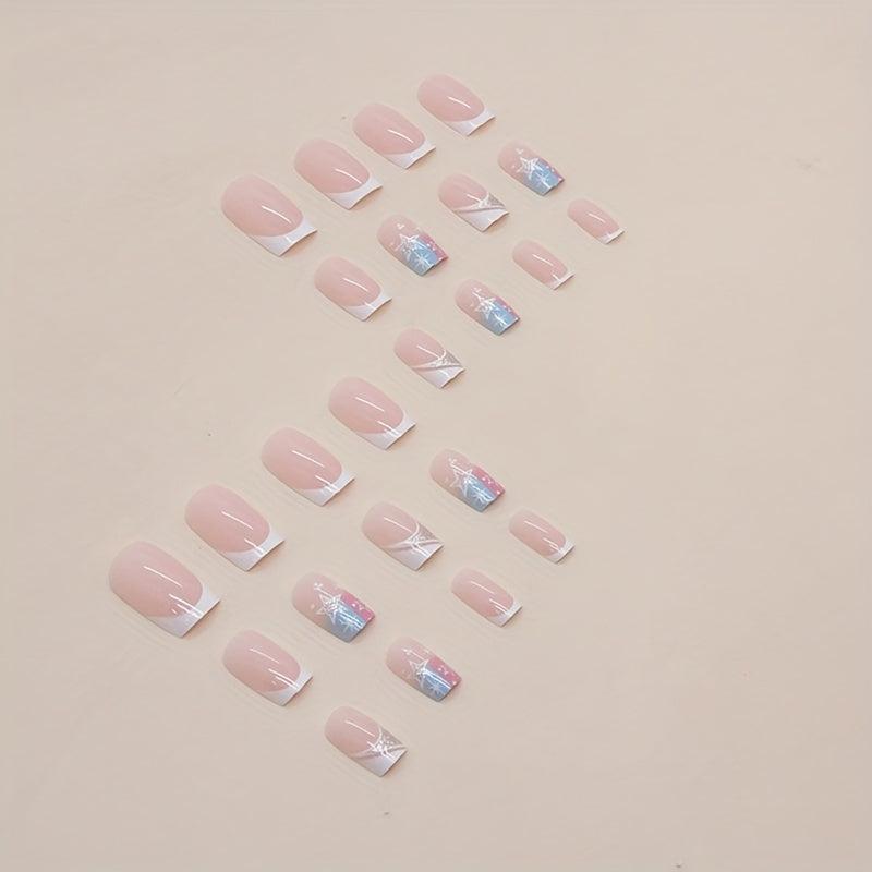 24pcs French Tip Press On Nails w/ Star & Sequin Medium Square False Nails