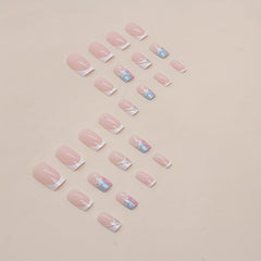 24pcs French Tip Press On Nails w/ Star & Sequin Medium Square False Nails