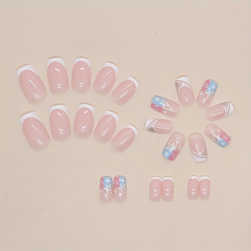 24pcs French Tip Press On Nails w/ Star & Sequin Medium Square False Nails