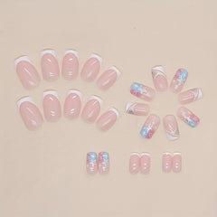 24pcs French Tip Press On Nails w/ Star & Sequin Medium Square False Nails