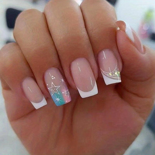 24pcs French Tip Press On Nails w/ Star & Sequin Medium Square False Nails