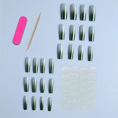 24pcs Green Glitter Gradient Press On Nails Full Cover Long Coffin False Nails