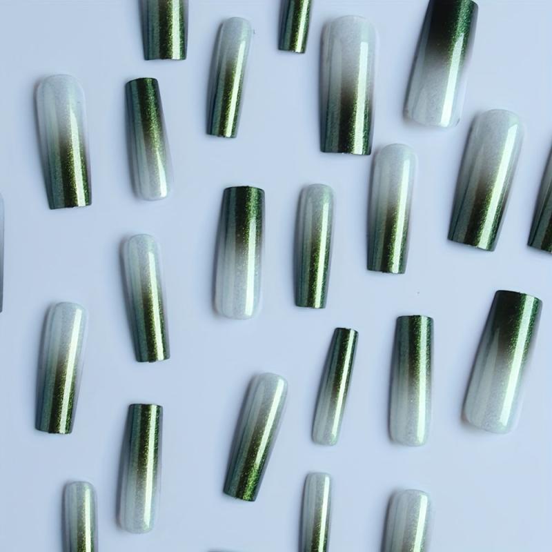 24pcs Green Glitter Gradient Press On Nails Full Cover Long Coffin False Nails