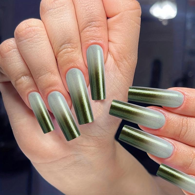 24pcs Green Glitter Gradient Press On Nails Full Cover Long Coffin False Nails