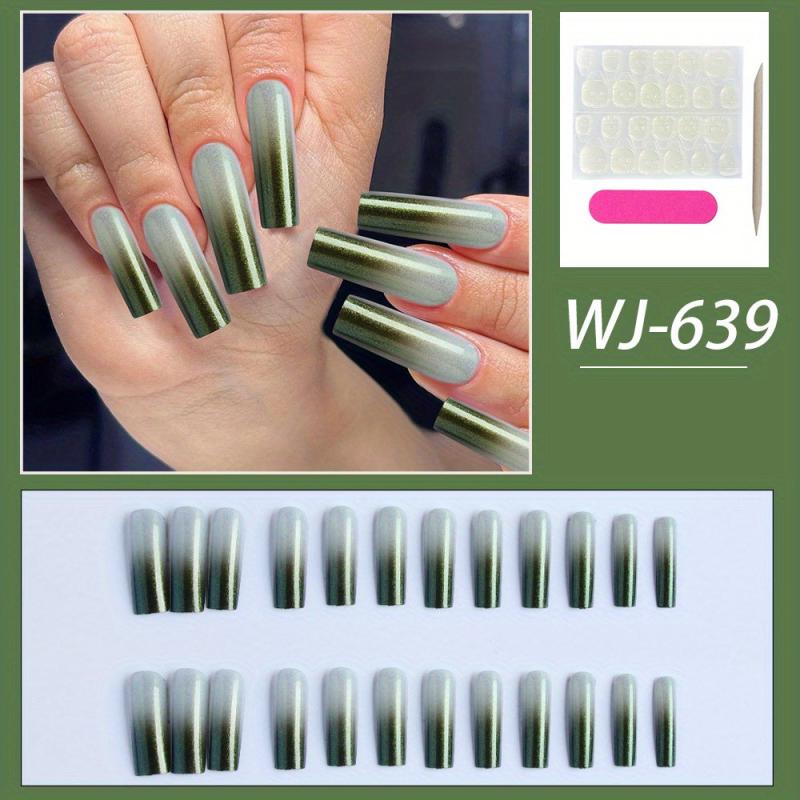 24pcs Green Glitter Gradient Press On Nails Full Cover Long Coffin False Nails
