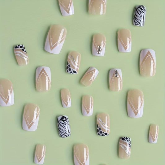 French Square Press On Nails w/ Line Designs & Glitter Rhinestones - Halloween