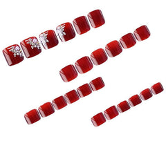 Square Toe Red Pearl Glitter Nails 24pcs