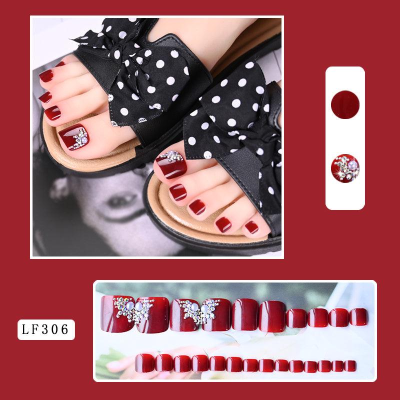 Square Toe Red Pearl Glitter Nails 24pcs