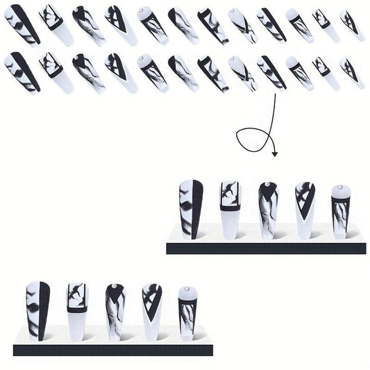 24pcs Marble Print Rhinestone Press On Nails Full Cover False Nails