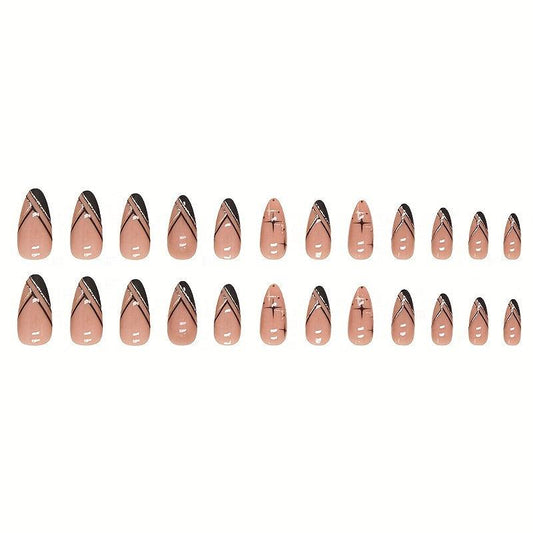 Medium Almond Press On Nails With Glitter Lines 24 Pcs