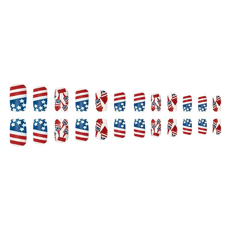 4th of July Flag Press-On Nails Rocket Design Acrylic Medium Square Glossy
