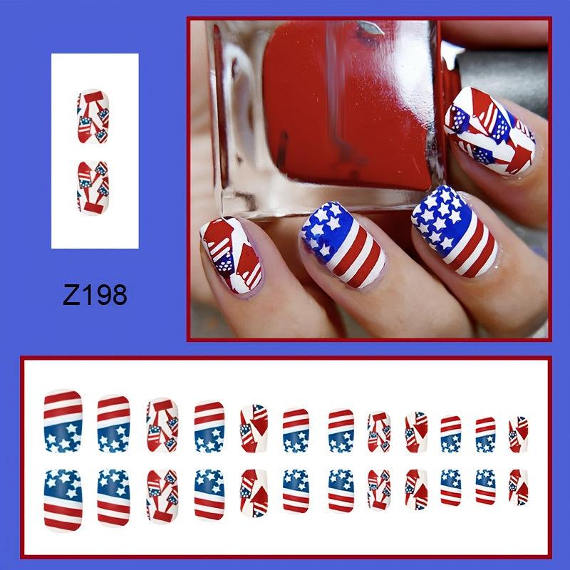 4th of July Flag Press-On Nails Rocket Design Acrylic Medium Square Glossy