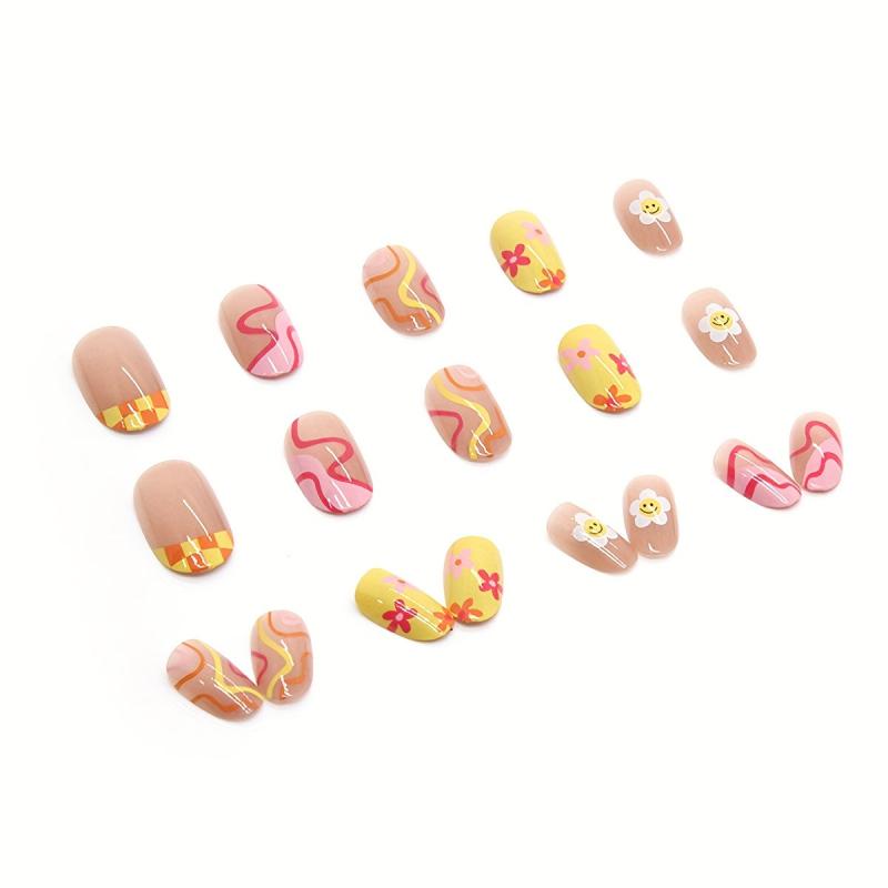 Colorful Swirl Flower Press On Nails - Glossy Full Cover False Nails for Women