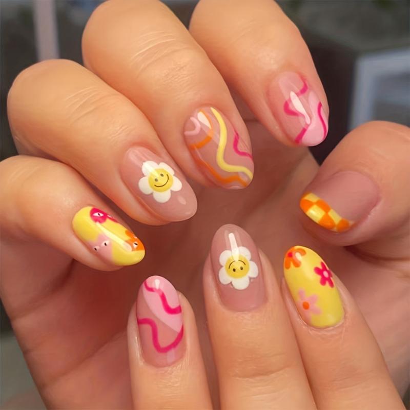 Colorful Swirl Flower Press On Nails - Glossy Full Cover False Nails for Women