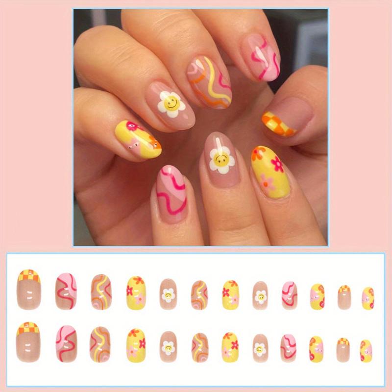 Colorful Swirl Flower Press On Nails - Glossy Full Cover False Nails for Women