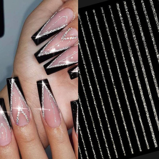 French 3D Nail Decals Stripes Silvery Glitter Stickers