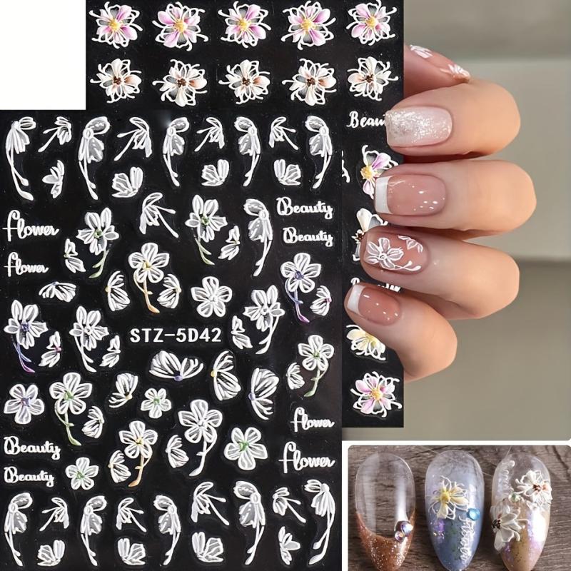 5D Hollow Flower Nail Art Stickers Gradient Pink Lace Decals