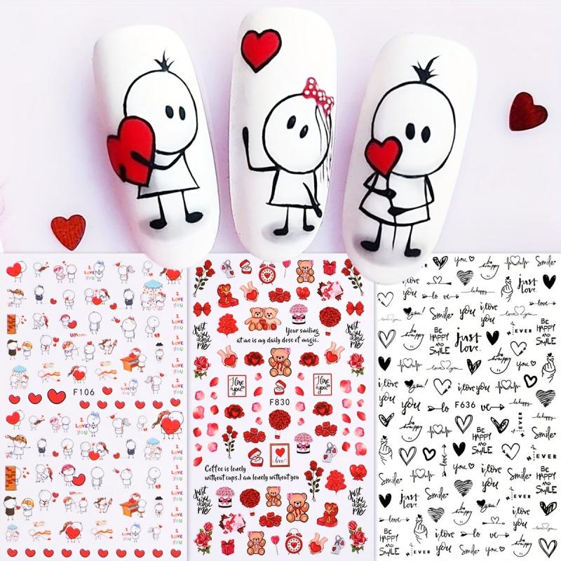 6 Sheets Heart Nail Art Stickers Self Adhesive Cartoon Decals