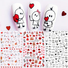 6 Sheets Heart Nail Art Stickers Self Adhesive Cartoon Decals