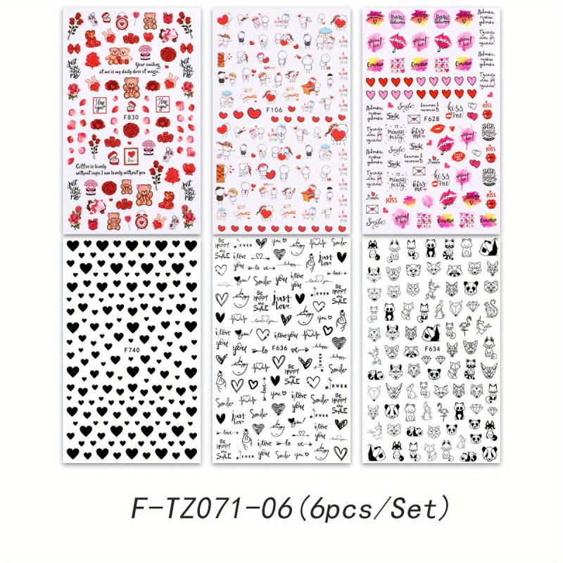 6 Sheets Heart Nail Art Stickers Self Adhesive Cartoon Decals
