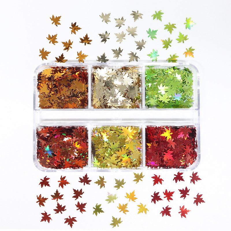 6 Grids Maple Leaves Nail Sequins Autumn Nail Decorations