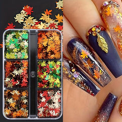 6 Grids Maple Leaves Nail Sequins Autumn Nail Decorations