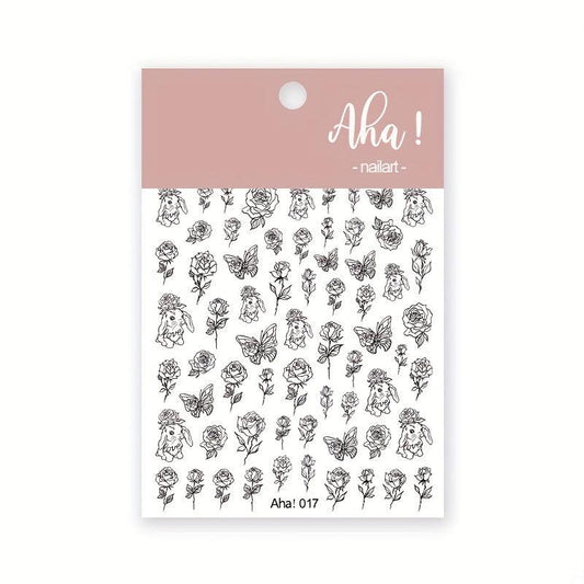 Hand Drawn Rabbit Roses Butterfly Nail Art Stickers