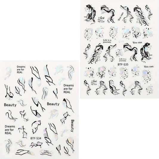 Metallic Marble Nail Decals Self Adhesive French Stripe Wavy Nail Stickers