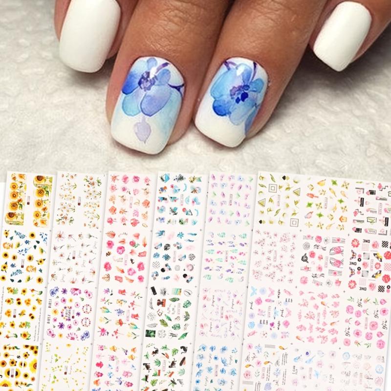 Watercolor Flowers Nail Art Stickers - Spring Summer Florals Leaves Decals